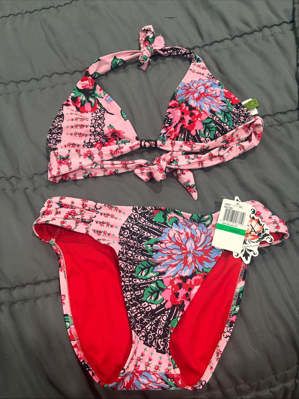 BECCA Pink Floral & Red Bikini Set